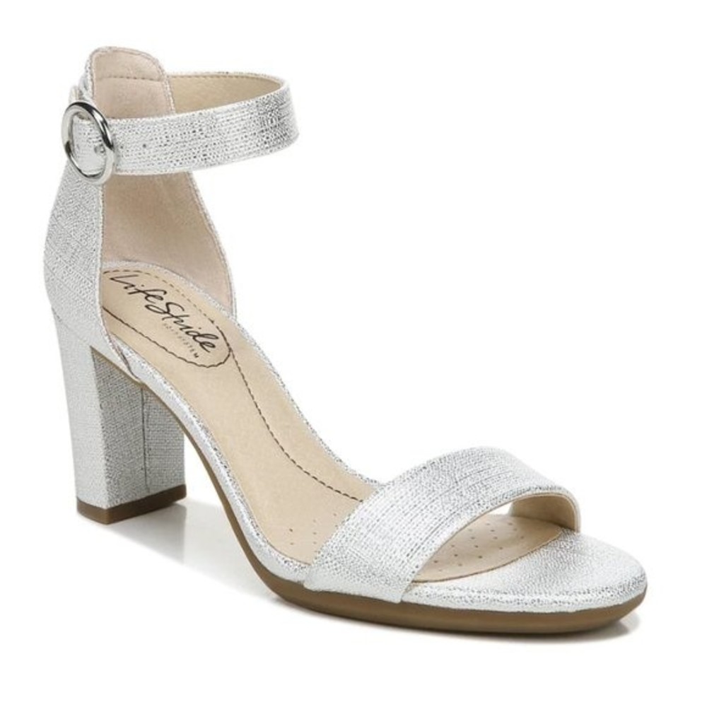 Life Stride Womens Size 9 Silver White Open Toe Dress Sandals Heels Shoes